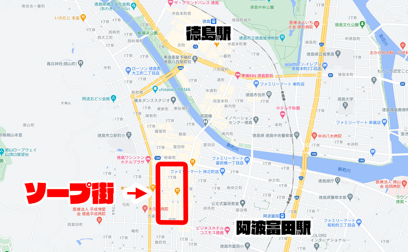 徳島のソープ街の地図